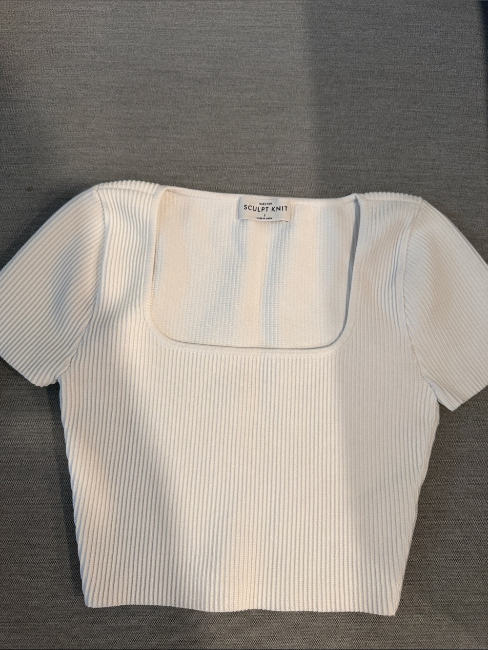 Aritzia Sculpt Knit White Ribbed Square-Neck Tee